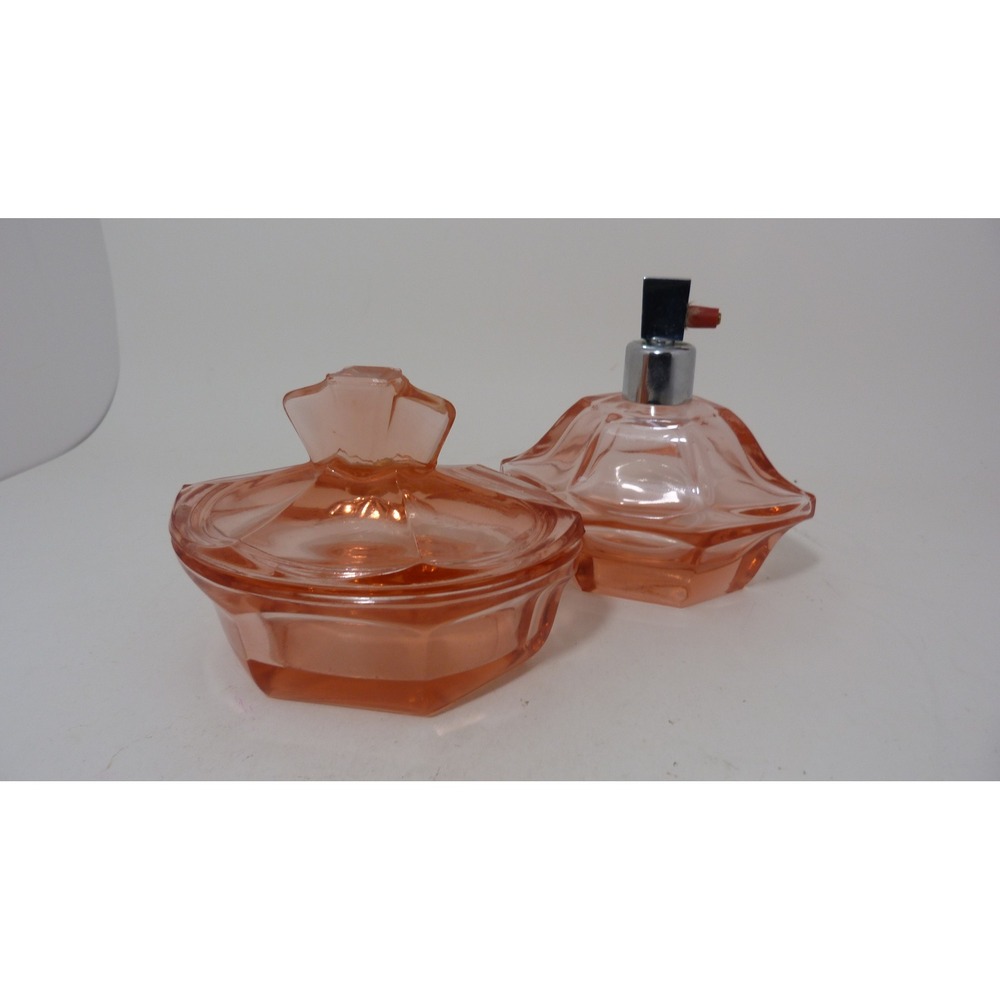 Vintage Pink Glass Perfume Atomizer and Trinket Dish Set Art Deco Style